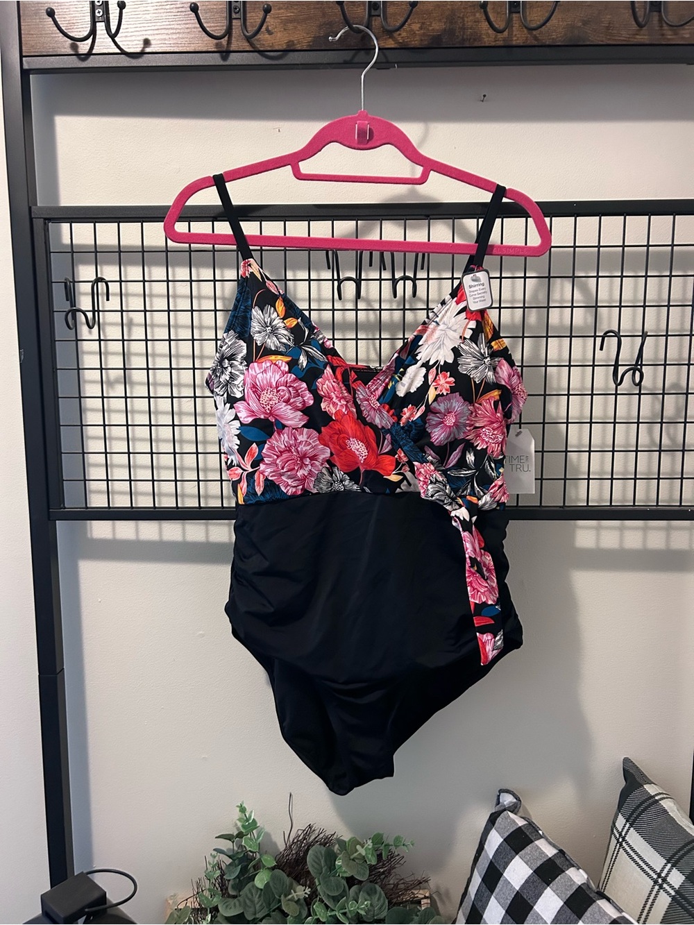 Time and Tru Black One-Piece Swimsuit with Pink Floral Bodice